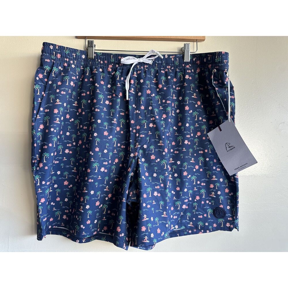 NWT Rhoback Mele Kalikimaka Medley Swim Trunks 3XL Navy Palm Tree Surf